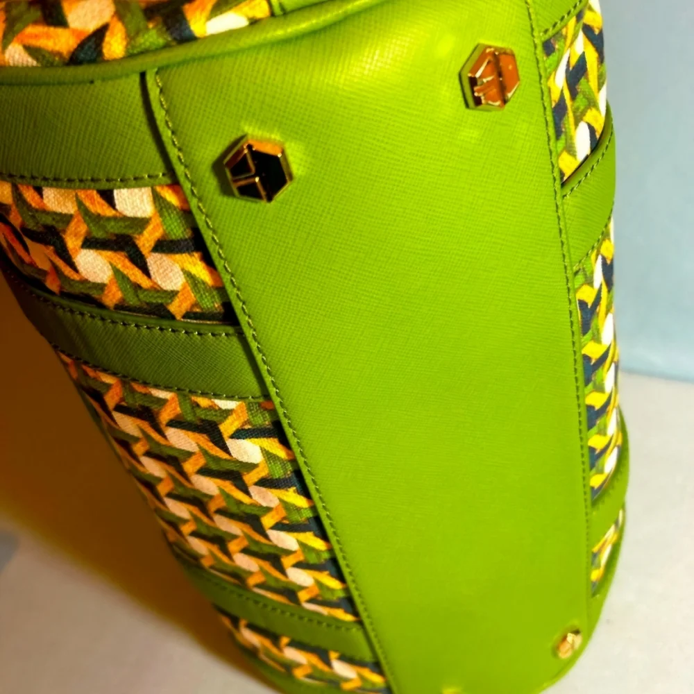Tory Burch Riviera Green Wicker Print Leaf Patterned Women's Satchel Bag - Picture 5 of 16